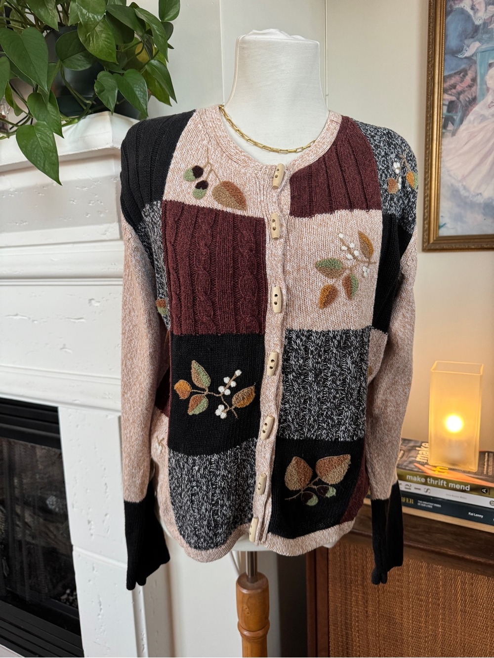 Patchwork Floral Cardigan Sweater - Black, Burgundy, Cream
